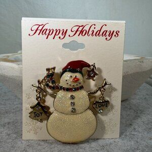 Snowman Holiday Brooch Pin Goldtone Enamel Rhinestone Table & Tower